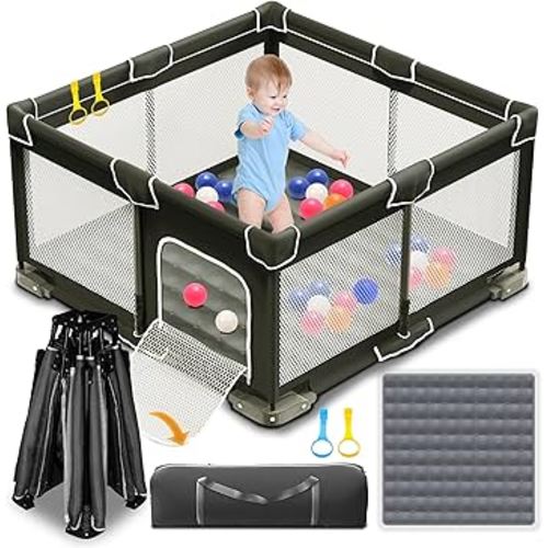 ICAREWAY Foldable Playpen for Babies and Toddlers, 50x50 Inches Portable Playpen, Kids Collapsible Play Pen with 2 Handlers, Indoor & Outdoor Baby Fence Play Area with Visible Mesh, Black