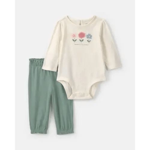 Baby Girl 2-Piece 'Mommy's Little Sprout' Flower Long-Sleeve Bodysuit & Pant Set - Green/Cream | Carter's