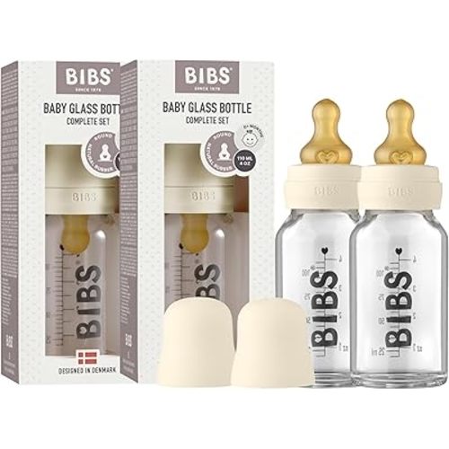 Bibs Baby Glass Bottle | Newborn Anti-Colic Baby Bottles | Borosilicate Glass with a Natural Vented Round Natural Rubber Latex Nipple | Consistent Flow Rate | 3.7 oz/110 ml | 2 Pack | Ivory
