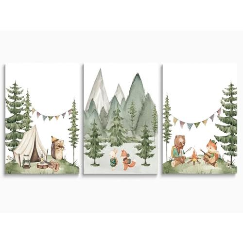 Camping Nursery Wall Art, Woodland Hiking Nursery Wall Decor, Bear Fox Animals Forest Mountain Wall Art, Nature Kid Print for Baby Boy Girl Bedroom, Children's Room Decor, Framed Canvas, 12"x16"x3
