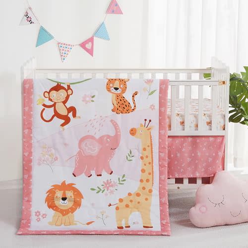 lasoftan 3 Piece Baby Crib Bedding Set, Infant Nursery Bed Set Decor with Quilt + Fitted Crib Sheet + Skirt, Baby Bedding Set Breathable and Soft for Baby Boy and Girl - Pink Elephant