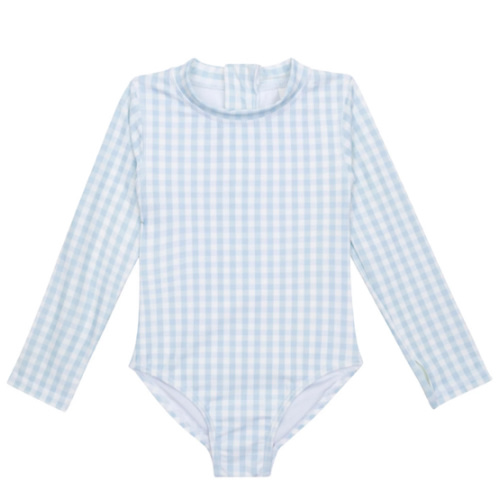 Girls Long Sleeve Surf Suit (One Piece Bodysuit) | "Blue Gingham"