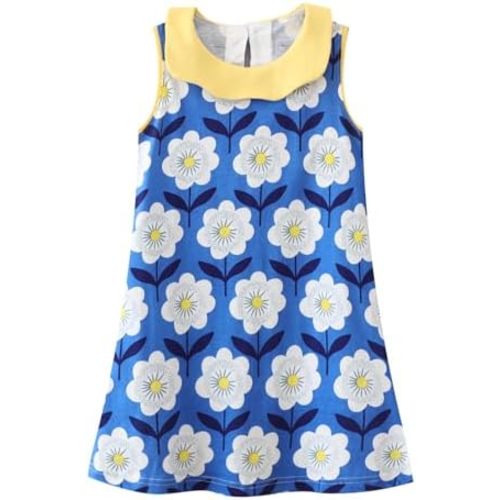 HILEELANG Little Girls Cotton Dress Sleeveless Casual Summer Sundress Flower Printed Jumper Skirt