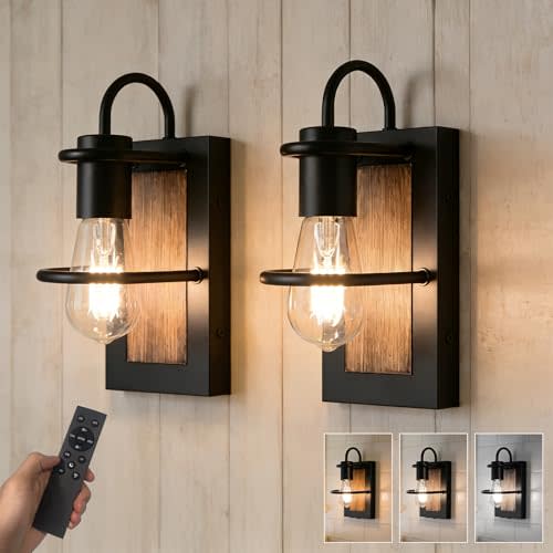 Battery Operated Wall Sconce Set of 2, Wireless Wall Lights with Remote Control, Dimmable 3 Color Temperatures, Rechargeable Wall Sconce with Vintage Faux-Wood Finish for Bedroom Living Room
