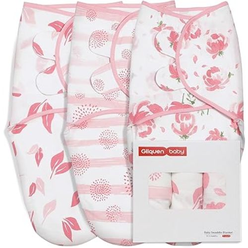 GLLQUEN BABY Organic Girl Swaddle Blankets, Adjustable Infant Swaddle,Newborn Swaddles for 0-3 Months, Ergonomic Baby Sleep Sack,Pink Floral or Dandelions or Leaves,Swaddling Blankets 3 Pack Wrap Set