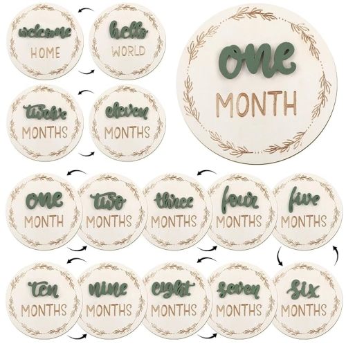 7 Pack Baby Monthly Milestone Cards Sign, Double Sided Baby Milestone Signs Wooden Marker Discs for 1-12 Months Baby Milestone Pictures Baby Shower Gifts