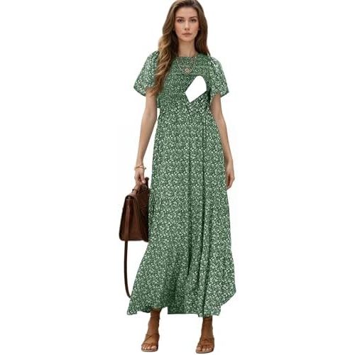 CzzzyL Womens Nursing Dress Summer Floral Print Short Flutter Sleeve Crew Neck Smocked High Waist Flowy Maxi with Pockets
