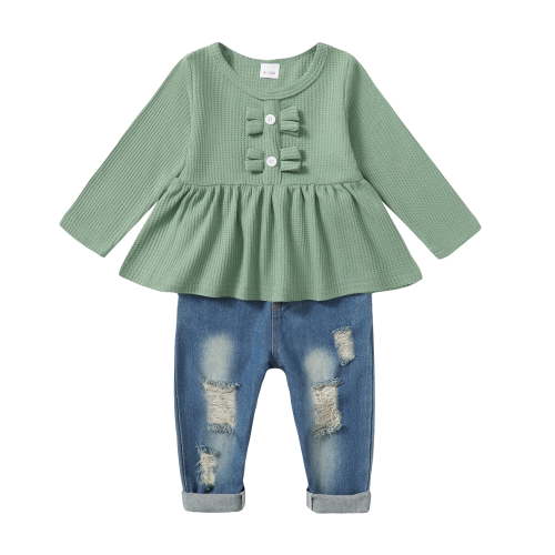 12 Months Toddler Baby Girls Clothes Baby Girls Outfits 12-18 Months Girls Long Sleeve Solid Color Top Jeans Pants 2PCS Set Green