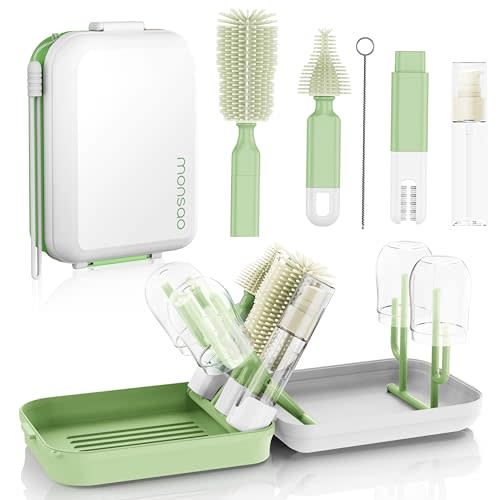 Baby Bottle Brush Set with Drying Rack, Portable Silicone Bottle Cleaner Kit for Bottles, Nipples and Straws, Travel Storage Box for Home and On-The-Go Use（Green）