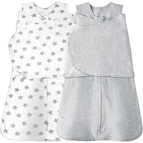 Baby Sleep sack Swaddle,Swaddles 3-6 Months,3-Way Adjustable Wearable Transition Blanket 100% Organic Cotton 2-Piece,12-18 lbs,1.0 TOG(Star&Grey)