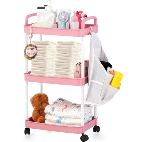 Barydat Set of 3 Tier Rolling Cart with Hanging Diaper Caddy Organizer, Roller Book Snack Baby Diaper Bedside Cart, Utility Storage Organizer Trolley for Baby Nursery, Kitchen, Bathroom, Office(Pink)
