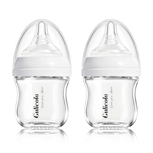 Gulicola Small Glass Baby Bottle for Newborn Breastfeeding Babies, Preemie & Extra Slow Flow Nipples (SS), Anti-Colic, Breast-Like, 0 Months+, 3 oz, 2 Pack - White