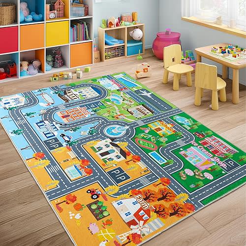 Car Rug Play Mat for Kids Toy Cars, 4' x 5' Town City Track Road Carpet