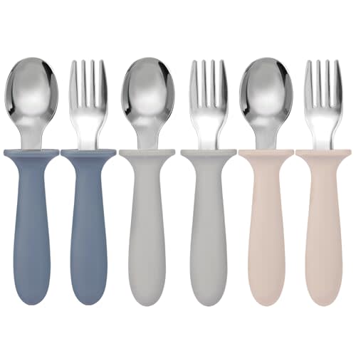 Eascrozn Toddler Forks and Spoons Set, 6 Pack Kids Silverware with Silicone Hand, 18/8 Stainless Steel Children Safe Toddler Utensils, BPA Free, Dishwasher Safe