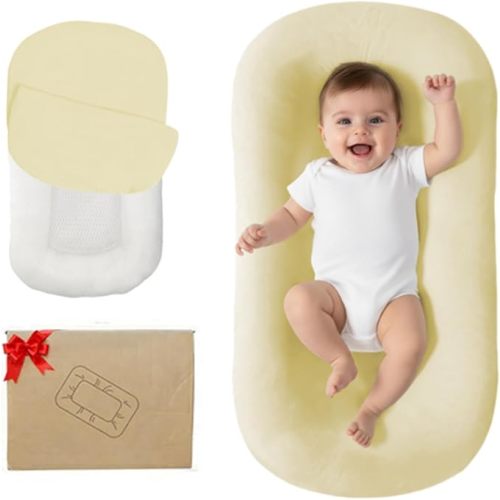 Lucakuins Baby Lounger, Bionic Design Baby Lounger for Newborn 0-24 Months, Soft Organic Cotton Breathable Lounger for Infants (Yellow)
