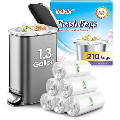 1.3 Gallon(Fit 1.2-1.3 Gal)210 Counts Strong Trash Bags Garbage Bags by Teivio,Small Waste Basket Liners,Fit 1,1.2,1.3 Gal,Bathroom Trash Can Bin Liners,Plastic Bags for home office kitchen Car,Clear