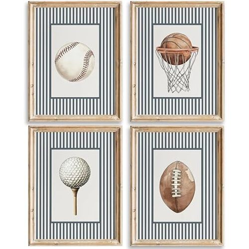 Nursery Sports Wall Art Toddler Boys Room Canvas Wall Decor Vintage Sports Prints Baseball Football Picture Golf Basketball Poster Painting Artwork for Kids Playroom Bedroom 8x10 In Unframed Set of 4