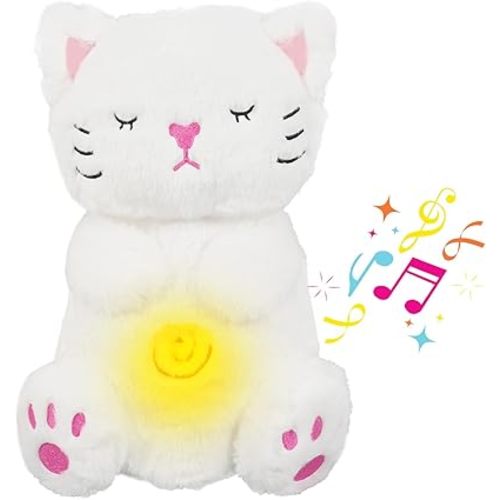 Breathing Stuffed Animal, Soothe Snuggle Cat Plush, Sleeping Plush for Kids Toy Birthday Gift with Sensory Details Musical Lights and Rhythmic Breathing Sleep Companion (White)
