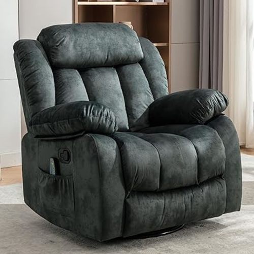 INZOY Massage Swivel Rocker Recliner with Heat and Vibration, Manual Rocking Recliner Chair with Vibrating Massage, Comfy Padded Overstuffed Soft Fabric Heated Recliner, Grayish Green