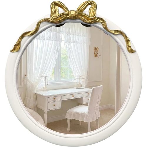 iyabat 36x24 Arched White Bow Wall Mirror with Gold Ribbon, Vintage Vanity Mirror for Bedroom & Nursery Decor, Cute Coquette Aesthetic Engineered Wood Frame, Shabby Chic Style
