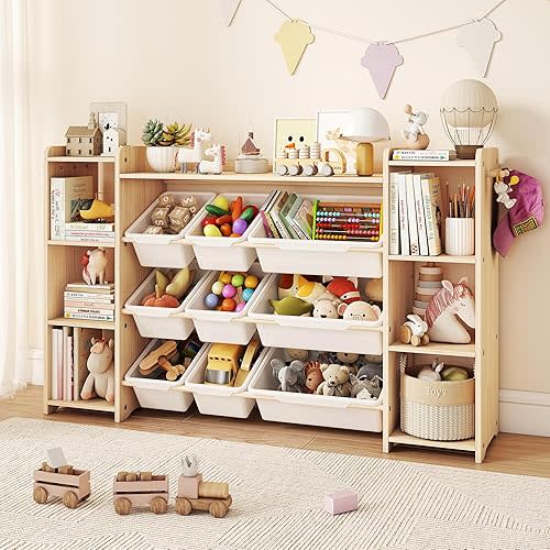 Toy Storage Organizer, Kids Bookshelf with 6 Shelves, 9 Toy Bins & 6 Hooks | Toy Shelf, Storage Bin Unit, Toy Organization for Playroom, Nursery, Bedroom, Toddler Room | Wood & White