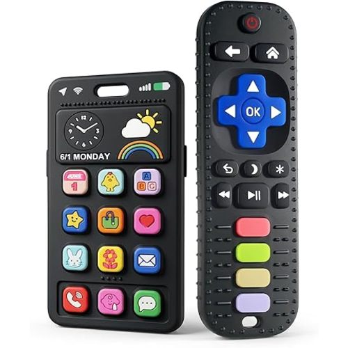 Baby Silicone Remote and Phone Teether, 2pack Teething Toy for Baby 3 6 12 18 Months, Baby's Chew Toys, Food Grade Silicone Teething Toys for Infants, BPA Free, for Babies Gum Relief