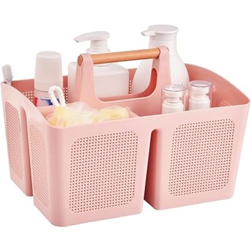 ALINK Portable Shower Caddy Basket with Compartments, Plastic Divided Cleaning Caddy Organizer Storage Tote with Handle for Bathroom, College, Dorm Room Essentials, Pink