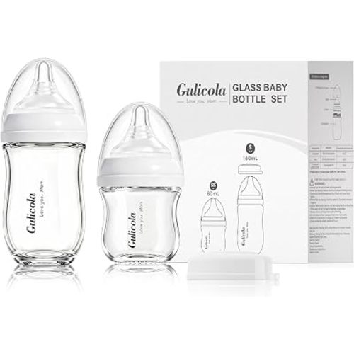 Gulicola Natural Glass Baby Bottle Newborn Set, 3 oz and 5 oz with Extra Slow Flow & Slow Flow Nipple, Anti Colic, 0-3 Months, 2 Pack - White
