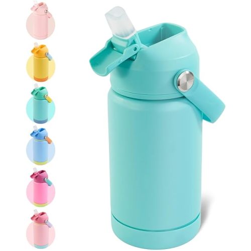 Kerilyn 12oz Kids Insulated Water Bottle, Leak-Proof Toddler Cup with Straws Lids, Kids Water Bottles for School Boys Girls, Stainless Steel Vacuum Insulated Bottle for Kid, BPA Free, Green