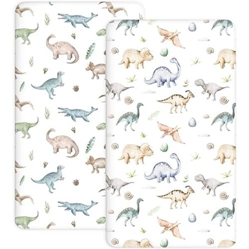 Crib Sheets for Boys and Girls, 2 Pack Fitted Baby Sheets for Standard Toddler Mattress 28" x 52", Soft Breathable Jersey Knit Baby Bedding (Dino Pals, Pack N Play/Mini Crib Sheets)