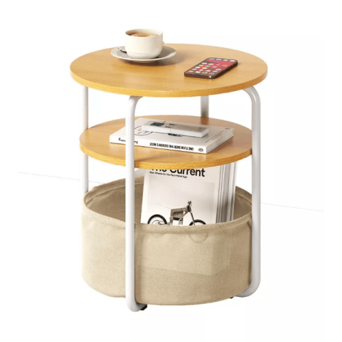 Side Table for Small Spaces with Storage Basket, Round End Table Nightstand Vintage Sofa Corner Table