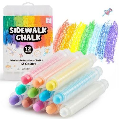 Joyfy 12Pcs Non-Toxic Dustless Sidewalk Chalk With Holder For Kids Toddlers, Washable Colored Chalk School Art Supplies Outdoor Activities 12 Colors