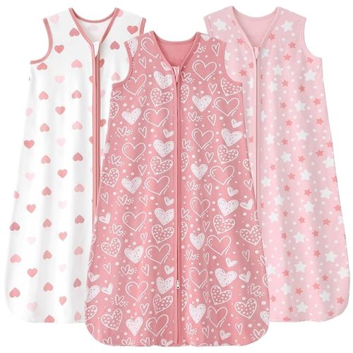 Baby Sleep Sack 6-12 months, 100% Cotton Sleeping Sack for Newborn and Infant, 3 Pack Baby Wearable Blanket for Boy and Girl, 0.5 Tog Lightweight Double Zipper Sleep Bag Pink Heart