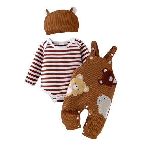 FOCICI Baby Boy Clothes Newborn Striped Romper Fall Outfits + Infant Cartoon Suspender Overall + Cute Hat 3 Pcs 0-18 Months