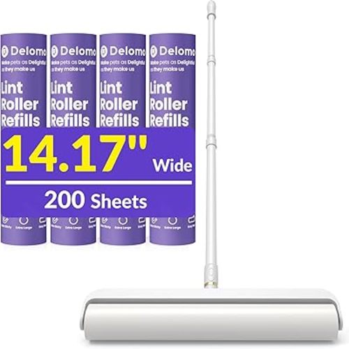 14.17" Extra Large Lint Rollers for Pet Hair, DELOMO Sticky Rollers for Floor with 3 Extendable Handle & 4 Refills (200 Sheets), Long Handle Sticky Mop for Cleaning Carpets, Couches, Furniture, Cars