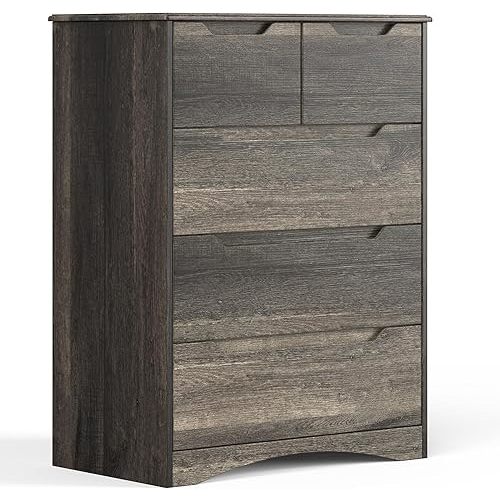 Gizoon 5 Drawers Chest, Dark Brown Dresser for Bedroom with Large Storage Capacity, Chest of Drawers with Embedded Handle, Sturdy Anti-Tripping Device for Hallway, Office, Living Room