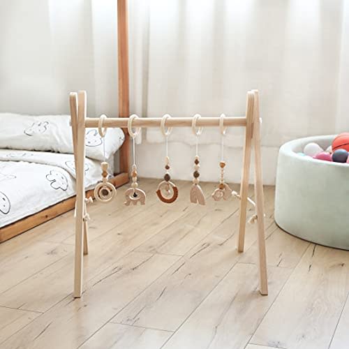 Nepixok Baby Play Gym Wooden Baby Gym with 5 Gym Toys Foldable Play Gym Frame Activity Gym Center with Wooden Hanging Toys, Newborn Gift