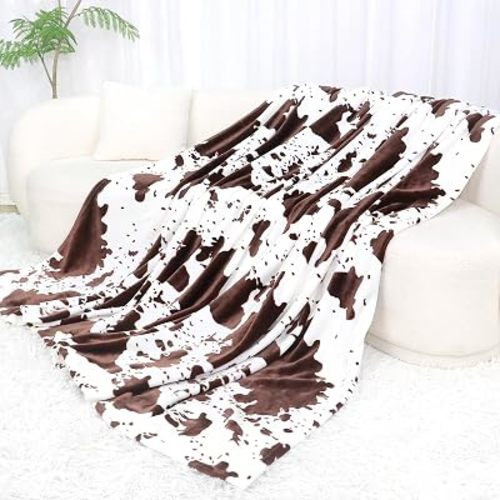 Cow Print Blanket Twin Size - Large Soft Fuzzy Throw for Couch, Twin Blanket for Bed, Neutral Boho Farmhouse Decor for Bedroom, Living Room & Dorm, Lightweight & All Seasons Use 60" x 80"