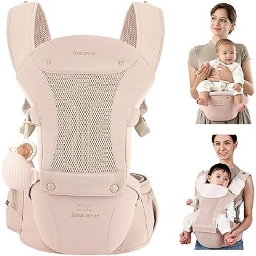 Bebamour Baby Carrier with Hip Seat,All-Position Breathable Mesh Hip Seat & Carrier 0-36Months with Head Hood, 3 PCS Teething Pads, Waist Extender,Storage Bag & Pacifier Case (Pink)