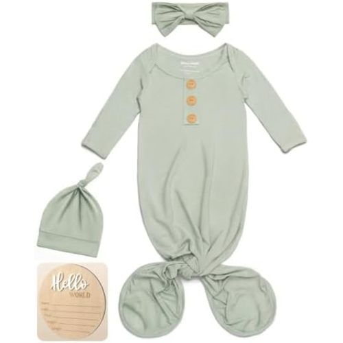 Baby Noah Newborn Knotted Gown, Ultra-Soft Silky Long Sleeve Sleeper, Unisex Coming Home Outfit Set With Wooden Name Sign