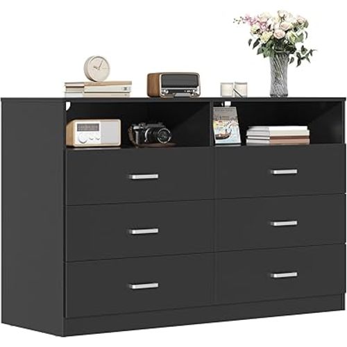 Bigbiglife 6 Drawers Dresser for Bedroom with Open Storage Cubby, Double Wide Dresser Organizer for Bedroom, Living Room, Entryway, Hallway (Black)