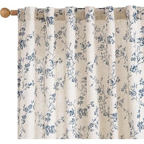 Lazzzy Blue Floral Linen Curtains 84 Inch Length Farmhouse Curtain Back Tab Drapes for Living Room Bedroom Light Filtering Vintage Rod Pocket Curtains, 2 Panels, Blue on Beige