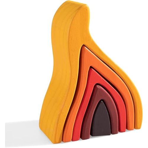 Wooden Rainbow Stacking Toy, Fire Elements Wooden Stacker, Various Shapes Nesting Stacking Blocks, Waldorf & Montessori Open-Ended Education Toy for Kids/Toddlers