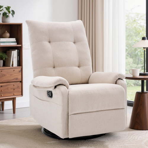 GEEYOO 360°Swivel Rocker Recliner Chair for Adults with Side Pockets,Small Recliner Chair for Small Spaces,Modern Swivel Glider Recliner for Living Room,Linen,Beige