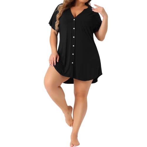Agnes Orinda Women's Plus Size Sleepshirt Short Sleeve Soft Pajamas Dress V Neck Button Down Nightgown 3X Black