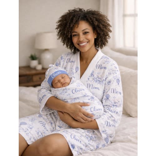 Matching Mommy Robe and Baby Swaddle Blanket Dusty Blue Bear Newborn Coming Home Outfit Chinoiserie Mama Baby Set Toile Hospital Swaddle