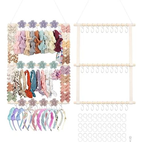Headband Holder Hair Bow Organizer for Girls, Bow Holder Display w/ 30 Hooks, Wall Hanging Claw Clip Hair Accessories Organizer for Baby Toddler Women Nursery Decor(20x15inch,Beige)