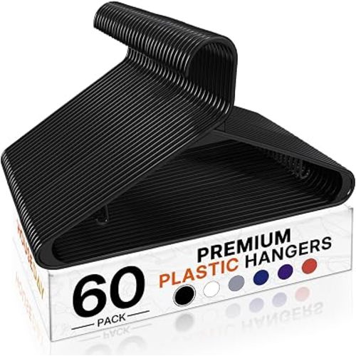 HOUSE DAY Black Plastic Hangers 60 Pack, Slim Space-Saving Clothes Hangers