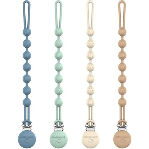 Cuddle Campus Silicone Pacifier Clip Holder with One Piece Design, Pack of 4 Soft Flexible Binky Clips with Texture Set 1(6M+)