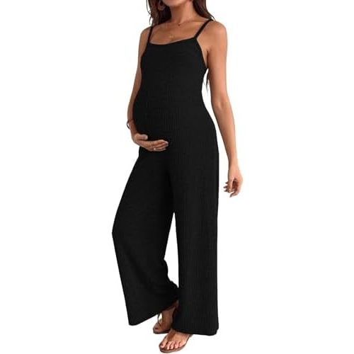 BLENCOT Maternity Ribbed Jumpsuit Sleeveless Square Neck Wide Leg Stretchy One Piece Romper